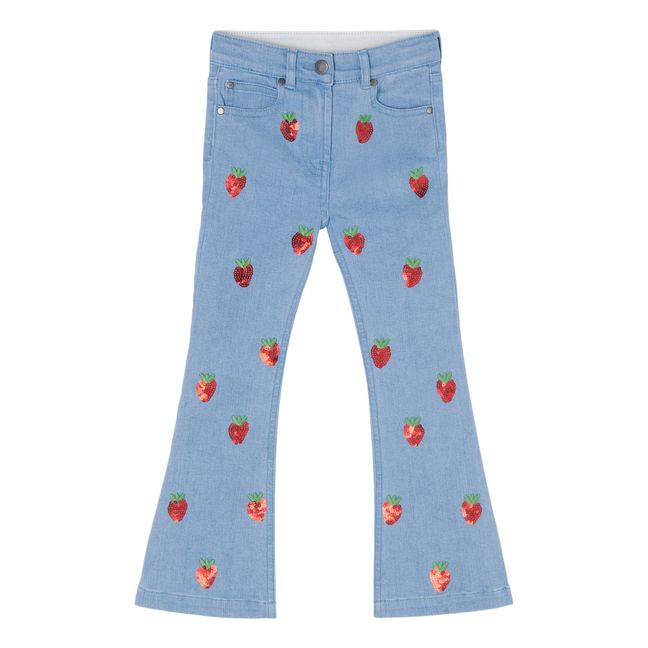 Jeans svasati, motivo con fragole e paillettes, in cotone biologico Azzurro