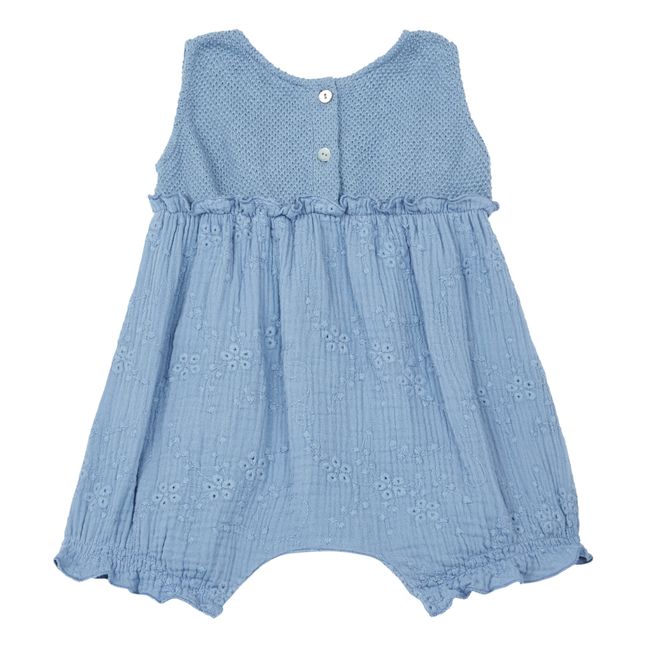 Embroidered Dual Material Romper Blue