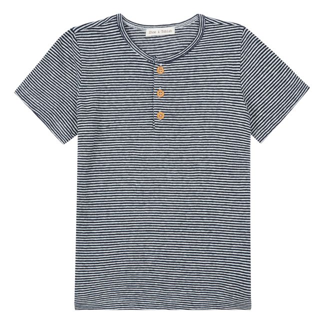 Striped Linen and Cotton Button-Up T-shirt Navy blue
