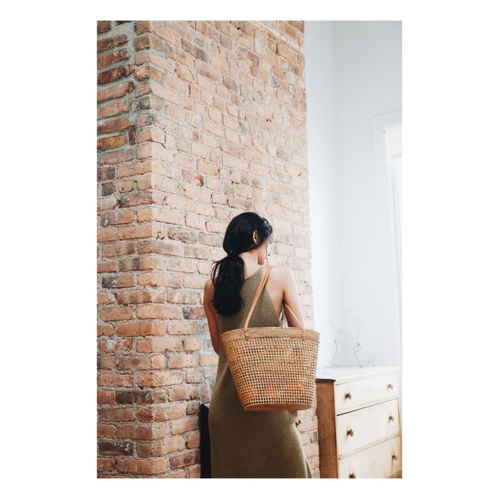 Margot Natural Rattan and Black Leather Tote