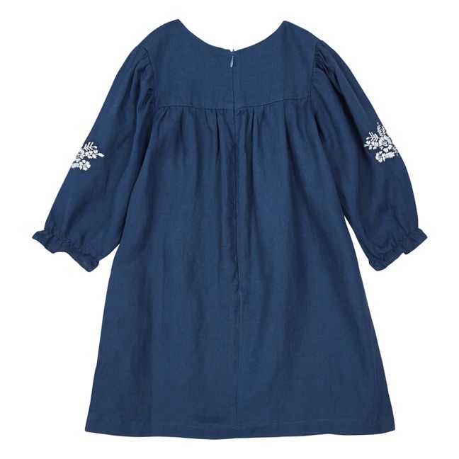 Embroidered Cotton and Linen Dress Navy blue