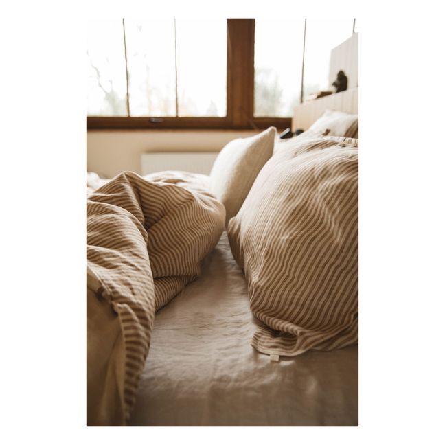 Wendbarer Bettdeckenbezug aus gewaschenem Leinen gestreift | Kaffee