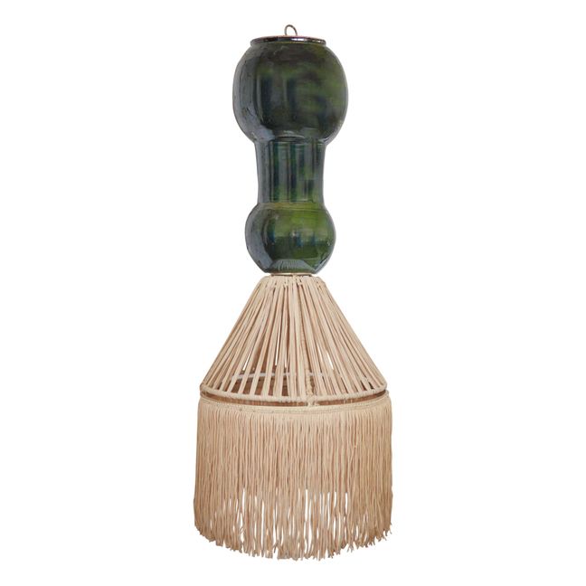 Lámpara colgante de georgette con rafia y flecos | Verde Abeto