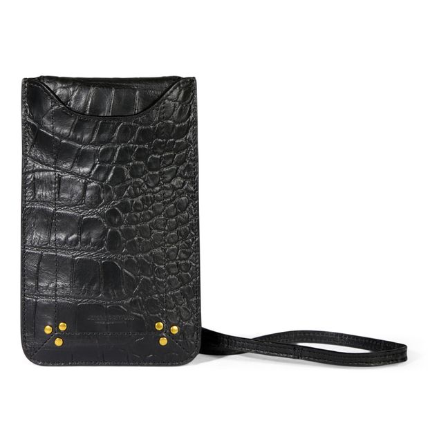 Crocodile Print Calfskin Leather Phone Pouch Negro