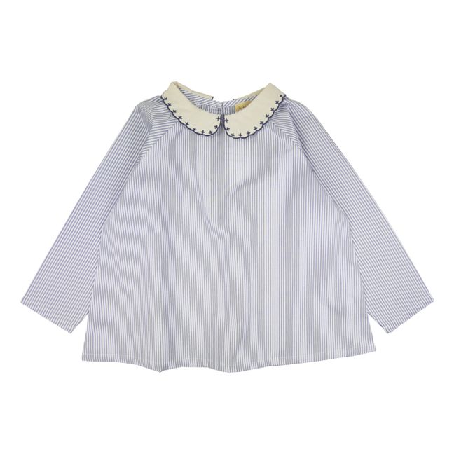Organic Cotton Striped Embroidered Collar Blouse | Blue