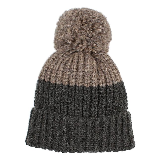 Two-colour Pompom Beanie Taupe brown