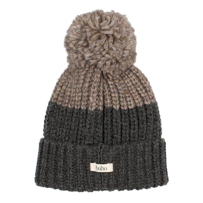 Two-colour Pompom Beanie Taupe brown