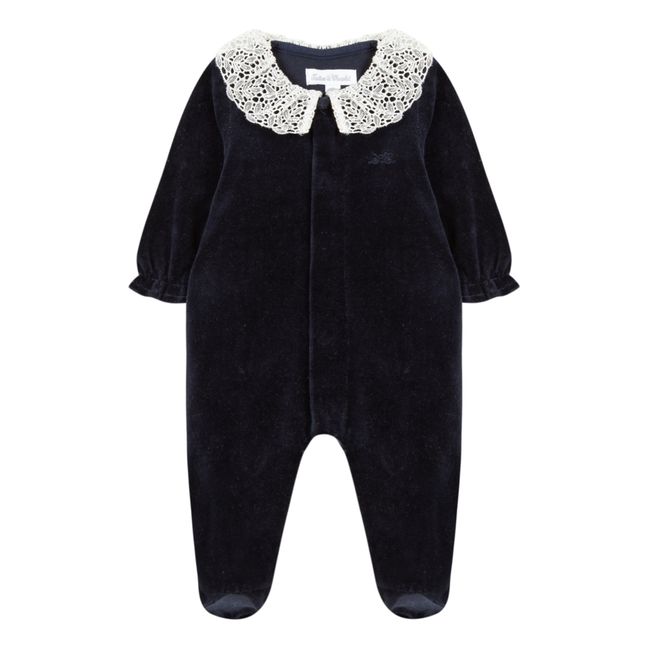 Velour Footed Pyjamas with Lace Collar | Navy