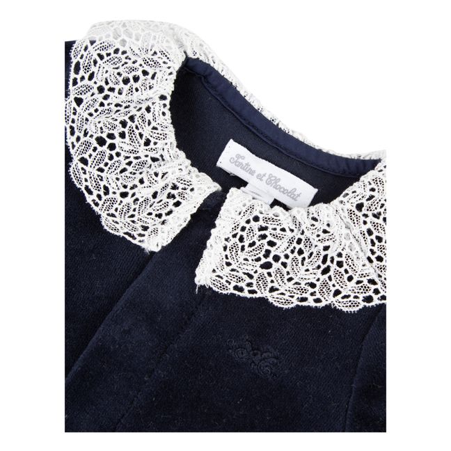 Velour Footed Pyjamas with Lace Collar | Azul Marino