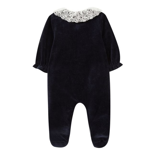 Velour Footed Pyjamas with Lace Collar | Navy