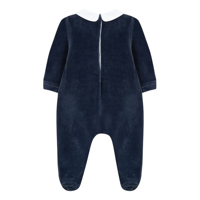 Embroidered Bear Velour Footed Pyjamas Blu marino