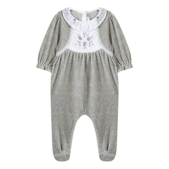 Embroidered Flower Velour Footed Pyjamas Grigio chiné