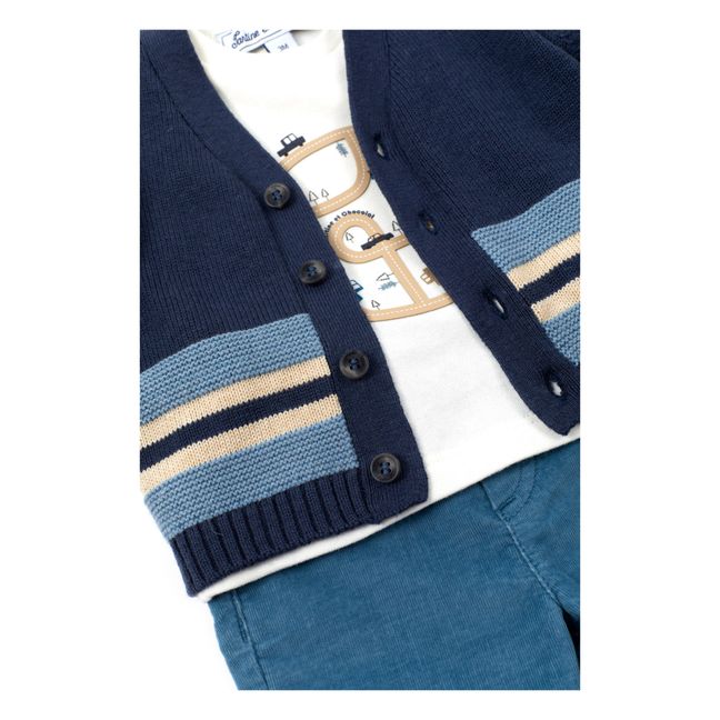 Striped Cotton and Wool Cardigan Petrol blue