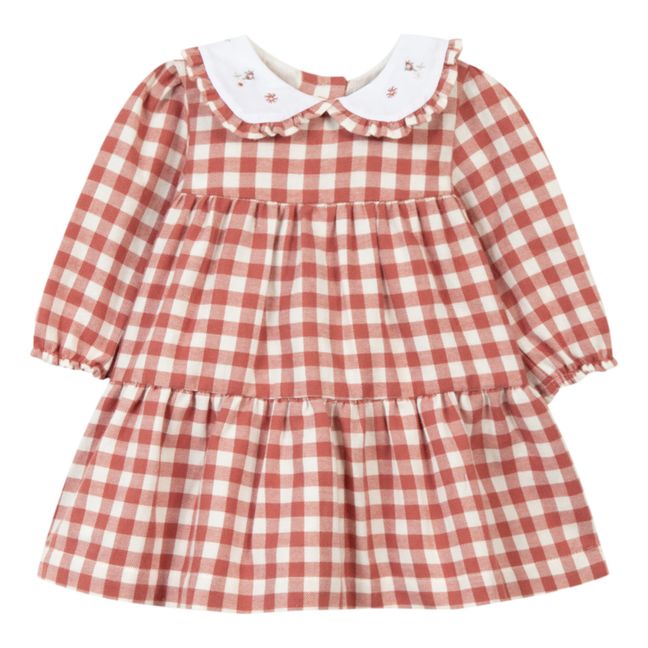 Embroidered Collar Gingham Dress Rust