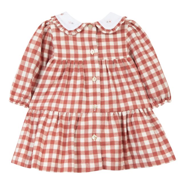 Embroidered Collar Gingham Dress Rust
