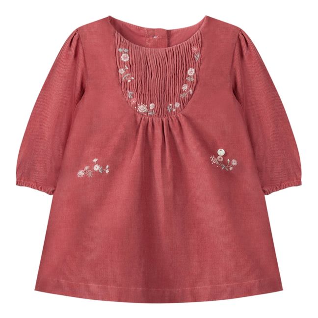 Embroidered Smocked Corduroy Dress | Rostfarben