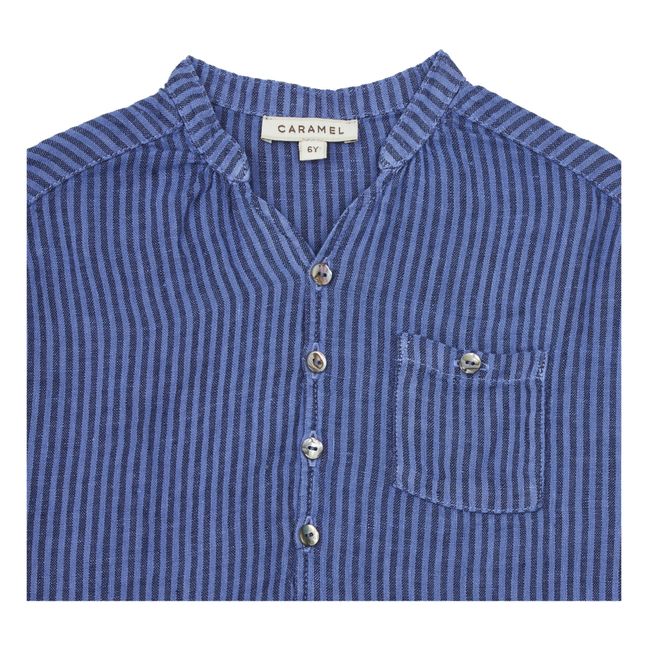 Adonis Striped Linen Kurta Shirt Blau