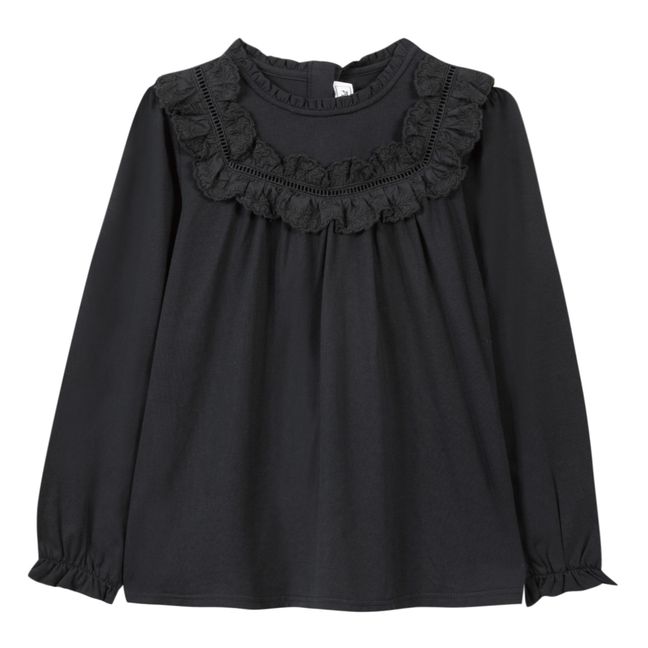Cotton and Modal Frill T-shirt | Black