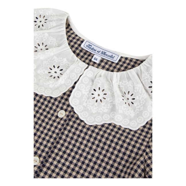 Gingham Embroidered Collar Blouse Azul Marino