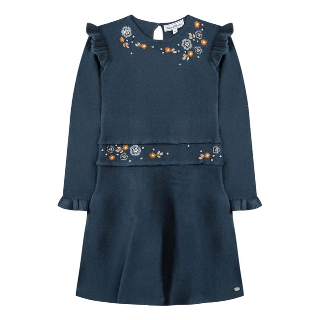 Embroidered Woollen Dress Blue
