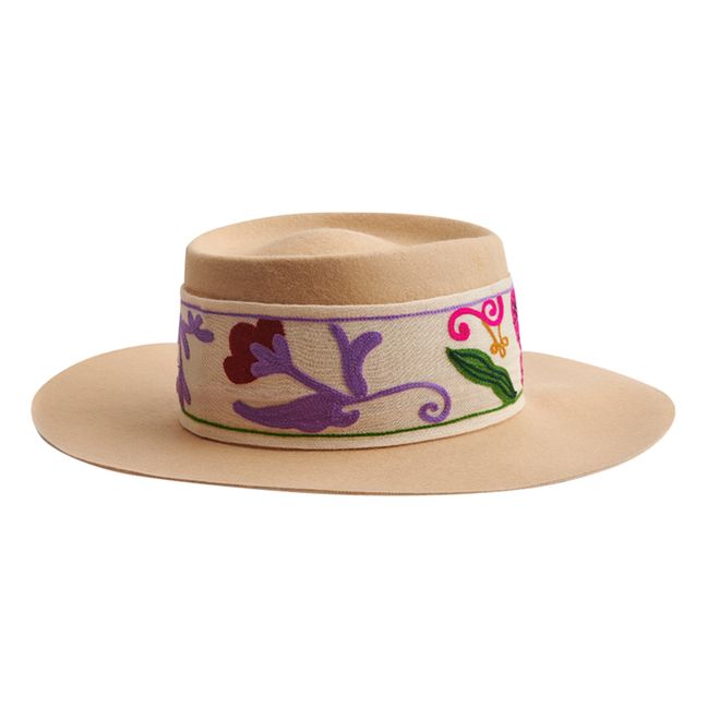Felt Hat with Embroidered Band  Beige