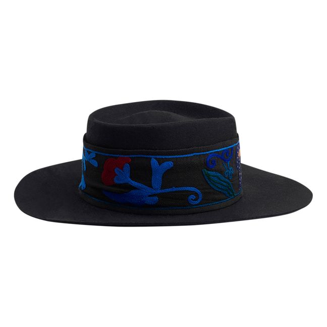 Felt Hat with Embroidered Band Black