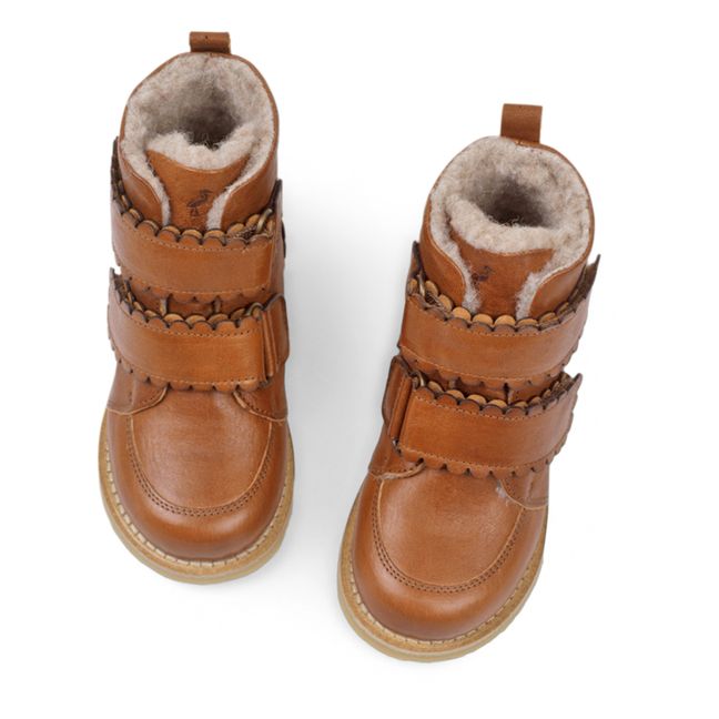 Scallop Winter Fur-Lined Velcro Boots Cognac