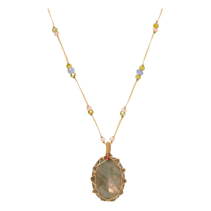 Tibetan Labradorite Green Fire Gemstone Short Necklace | Beige- Imagen del producto n°0