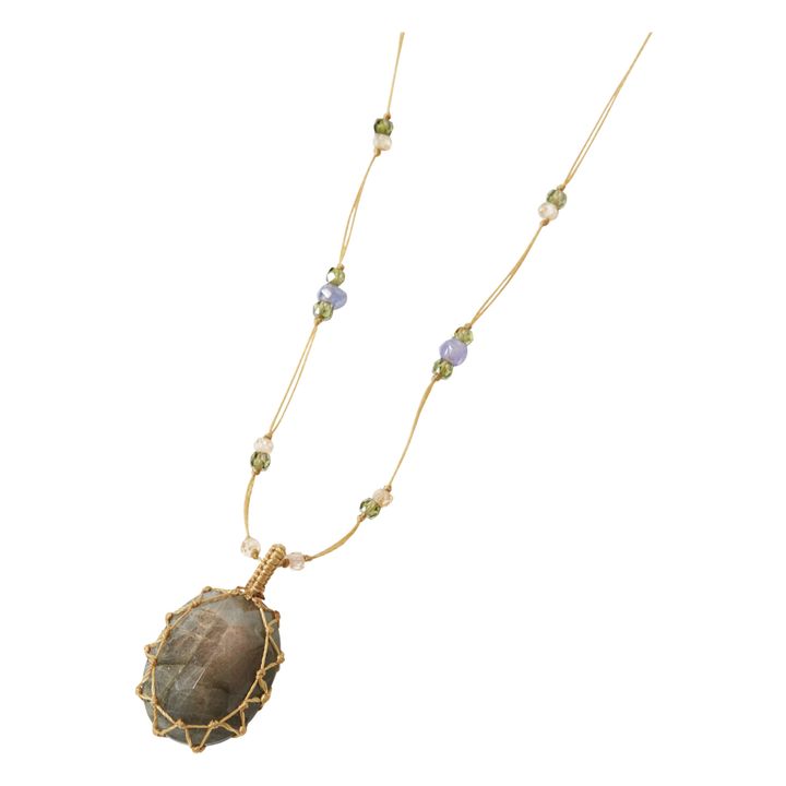 Tibetan Labradorite Green Fire Gemstone Short Necklace | Beige- Product image n°2