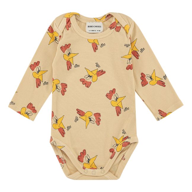 Ribbed Organic Cotton Rooster Baby Bodysuit Beige