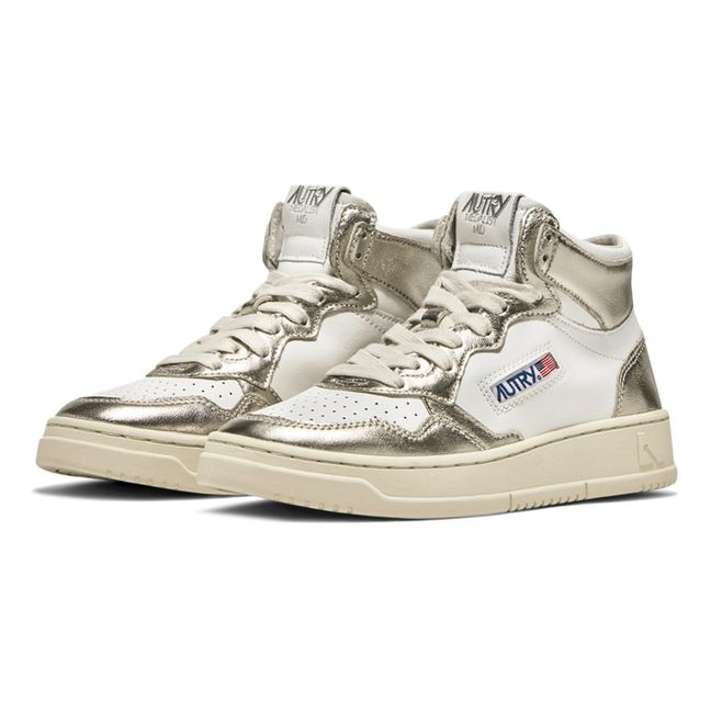 Medalist Mid-Top Two-Tone Metallic Leather Sneakers | Gold