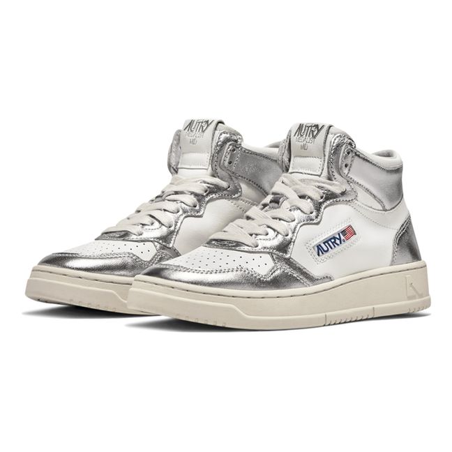 Medalist Mid-Top Two-Tone Metallic Leather Sneakers | Silver