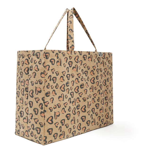 Leopard Heart Print Tote Bag | Camel