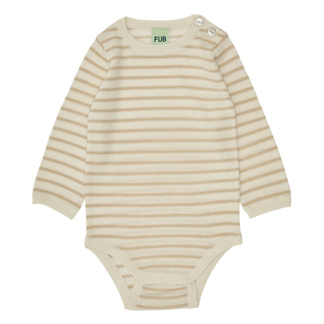 Merino Wool Striped Baby Bodysuit Beige