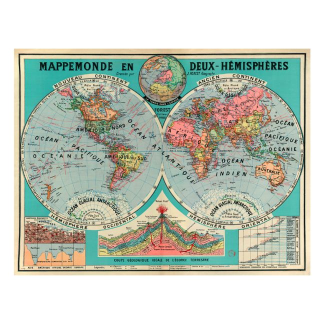 Planche Mappemonde en deux hémisphères - J. Forest