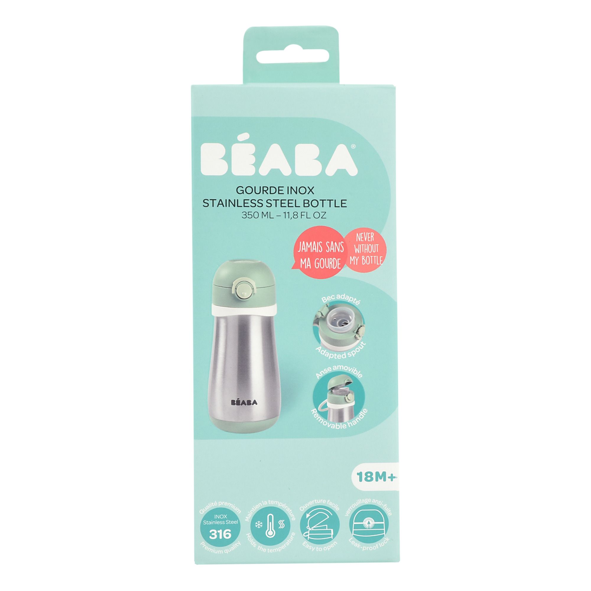 Beaba - Stainless Steel Kids Water Bottle, Sage