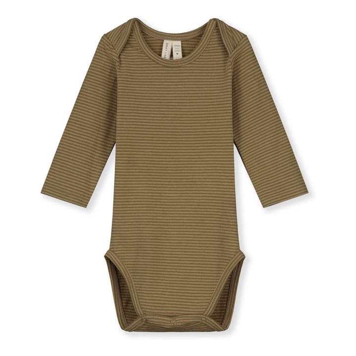 Striped Organic Cotton Crew Neck Baby Bodysuit | Olive green- Product image n°0
