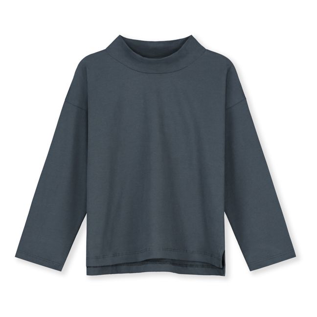 T-shirt Rayé à Col Montant Coton Bio Bleu gris