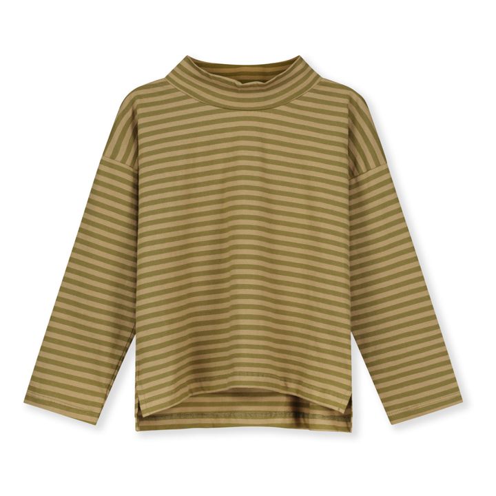 Organic Cotton Striped Turtleneck T-shirt | Olive green- Product image n°0