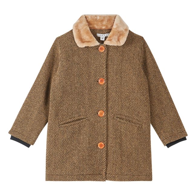 Herringbone Faux Fur Collar Woollen Coat | Kamelbraun