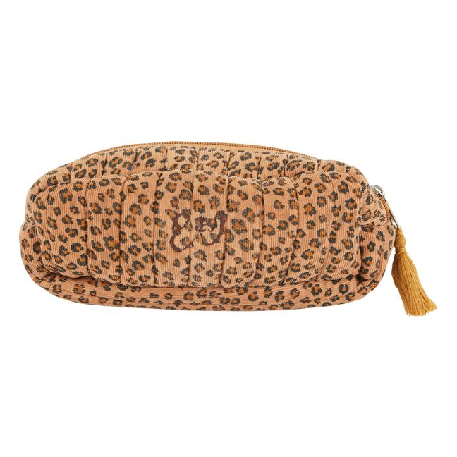 Leopard Print Quilted Corduroy Pouch Camel