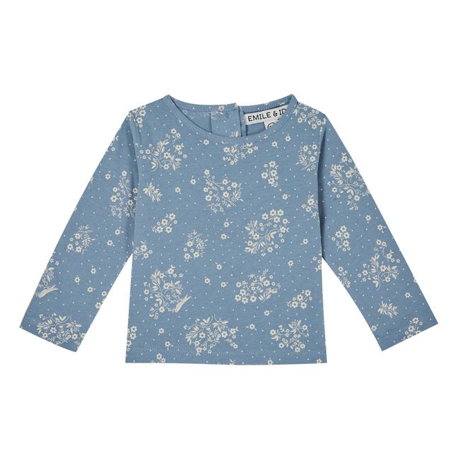 T-Shirt Coton Bio Fleuri Oiseaux Bleu ciel