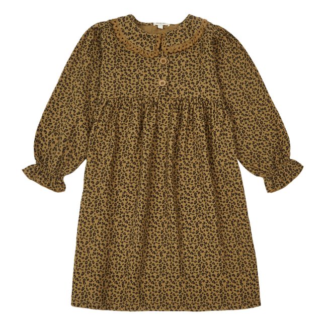 Louve Cotton Muslin Leopard Print Dress Ocre