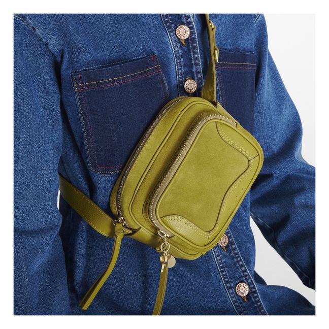 Hana Dual-Material Shoulder Bag Verde amarillo