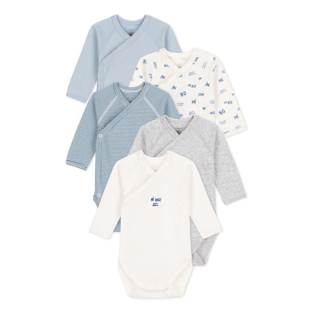 Cabus Organic Cotton Wrap Over Baby Bodysuits - Set of 5 Blue