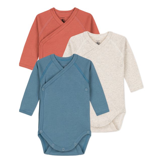 Caddie Organic Cotton Wrap Over Baby Bodysuits - Set of 3 Azul