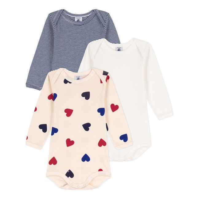 Organic Cotton Heart Baby Bodysuits - Set of 3 Cream