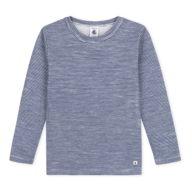 Striped Cotton and Wool Long Sleeve T-shirts Navy