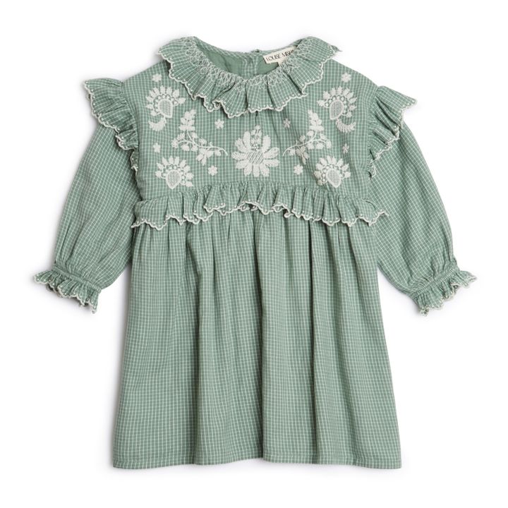 Main Illi Embroidered Checked Organic Cotton Dress Sage- Product image n°0
