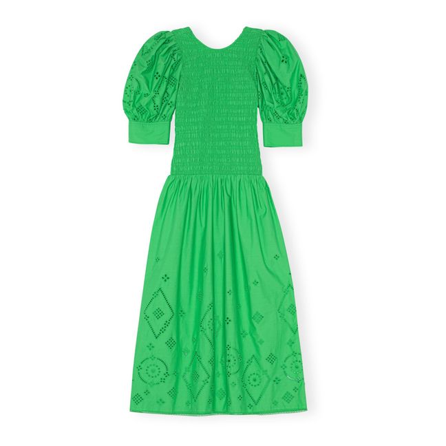 Kleid gesmocked mit englischer Stickerei aus Bio-Baumwolle | Grün